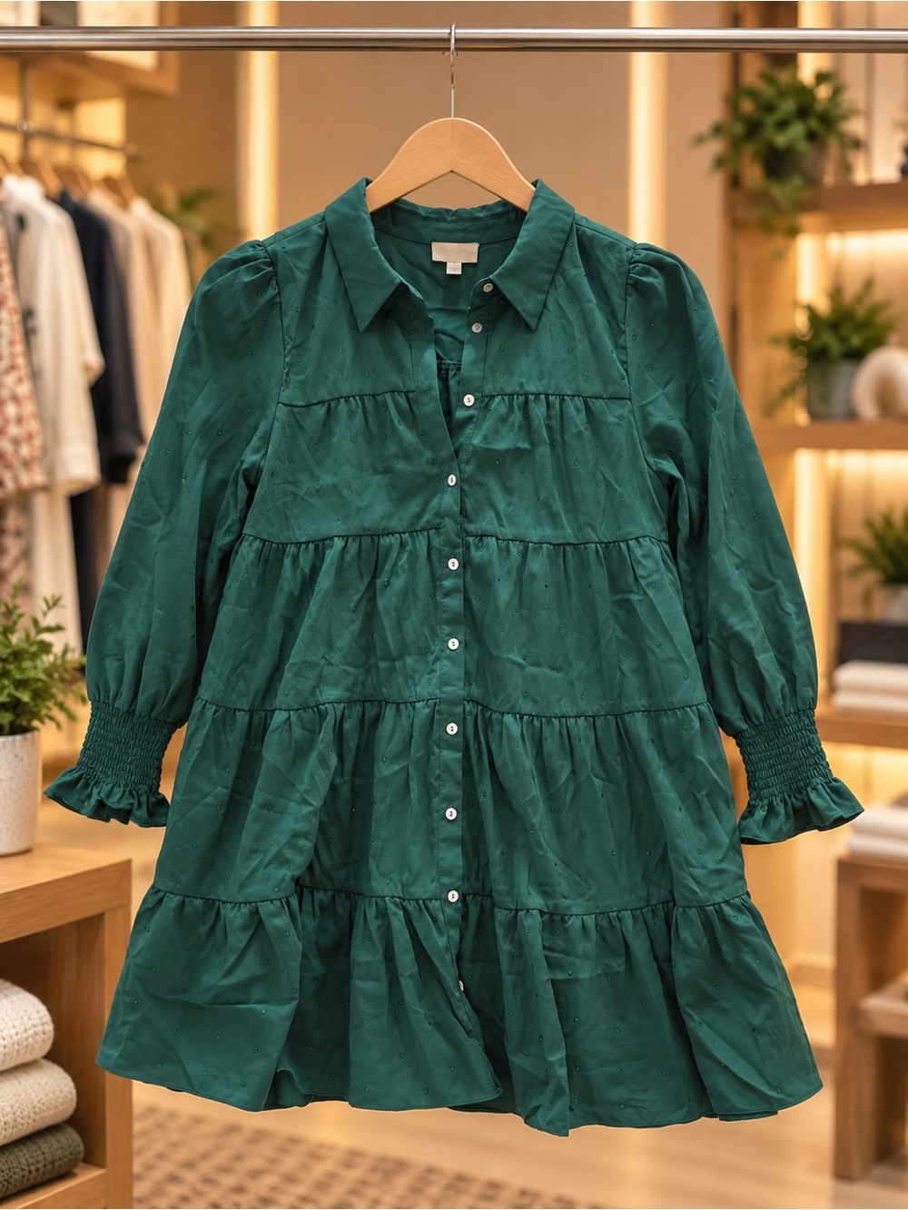 Peach Love California Emerald Green Tiered Button-Front Dress